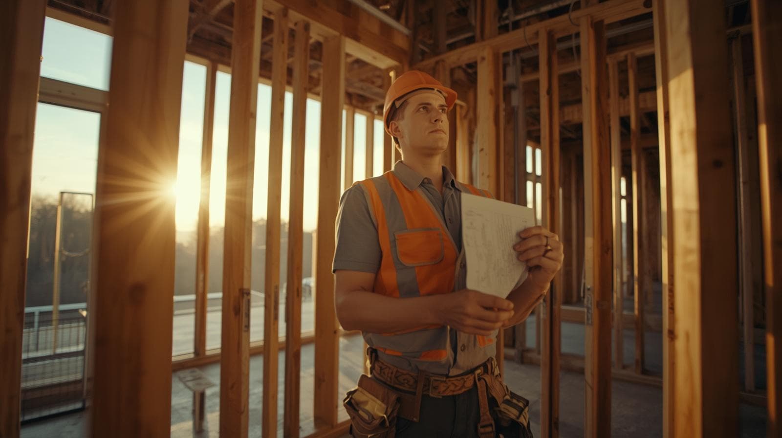 Carpenter in work vest holding a blueprint inside a freshly framed residential room