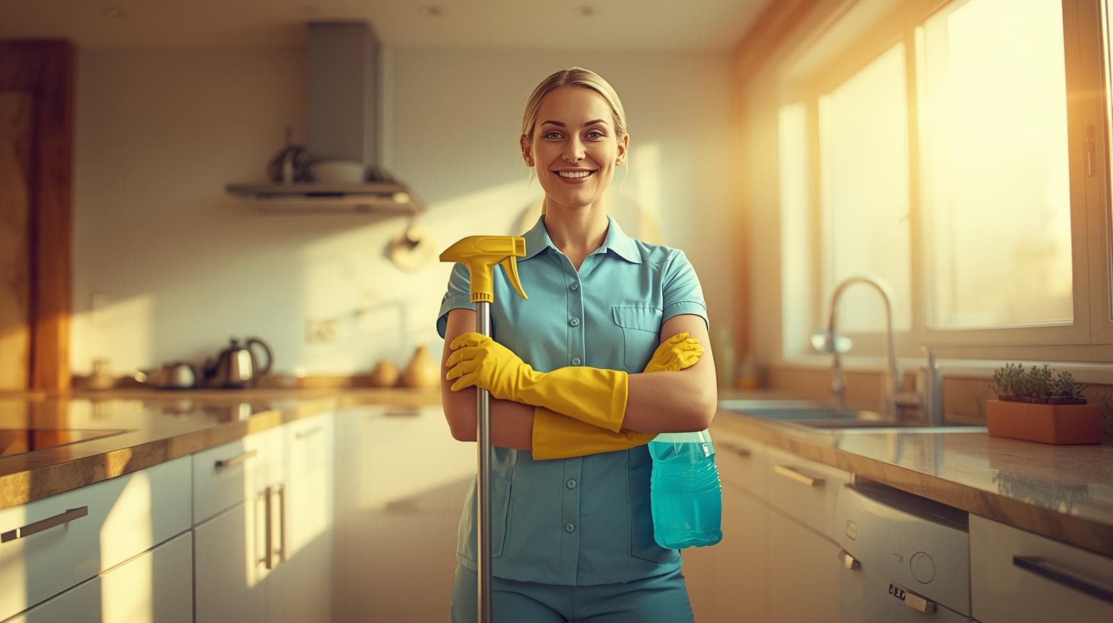Professional house cleaner in uniform holding a mop in a bright modern kitchen