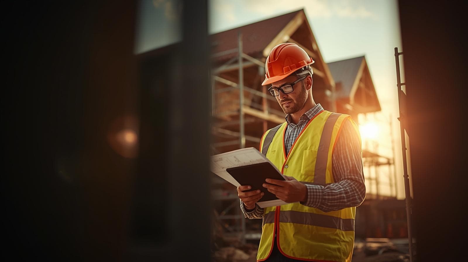 Construction worker in hard hat reviewing blueprints on a job site with framed building in background