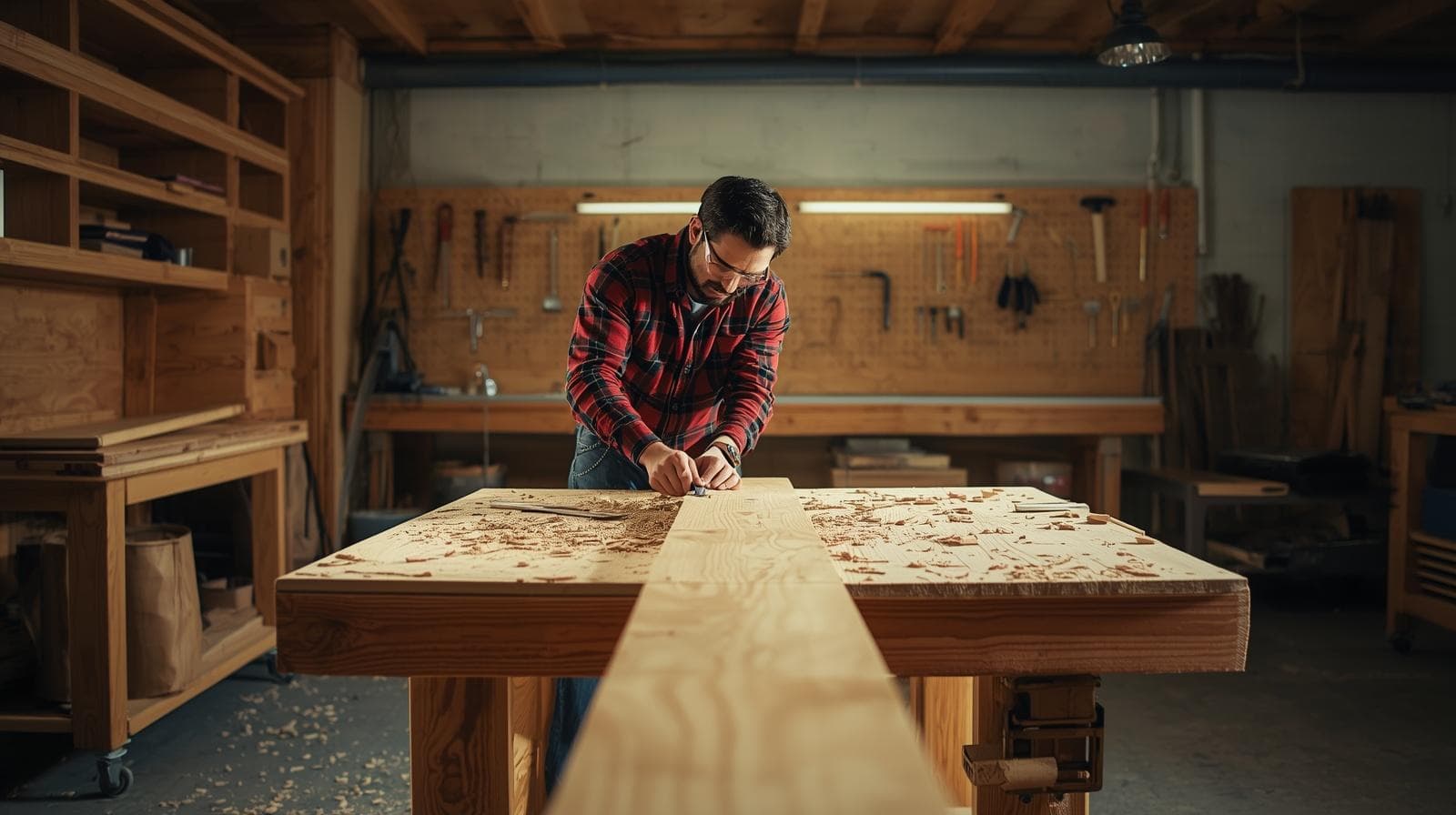 Skilled carpenter measuring and cutting wood in a bright workshop