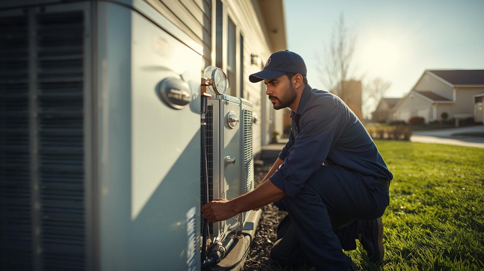 HVAC technician servicing an air conditioning unit outside a suburban home