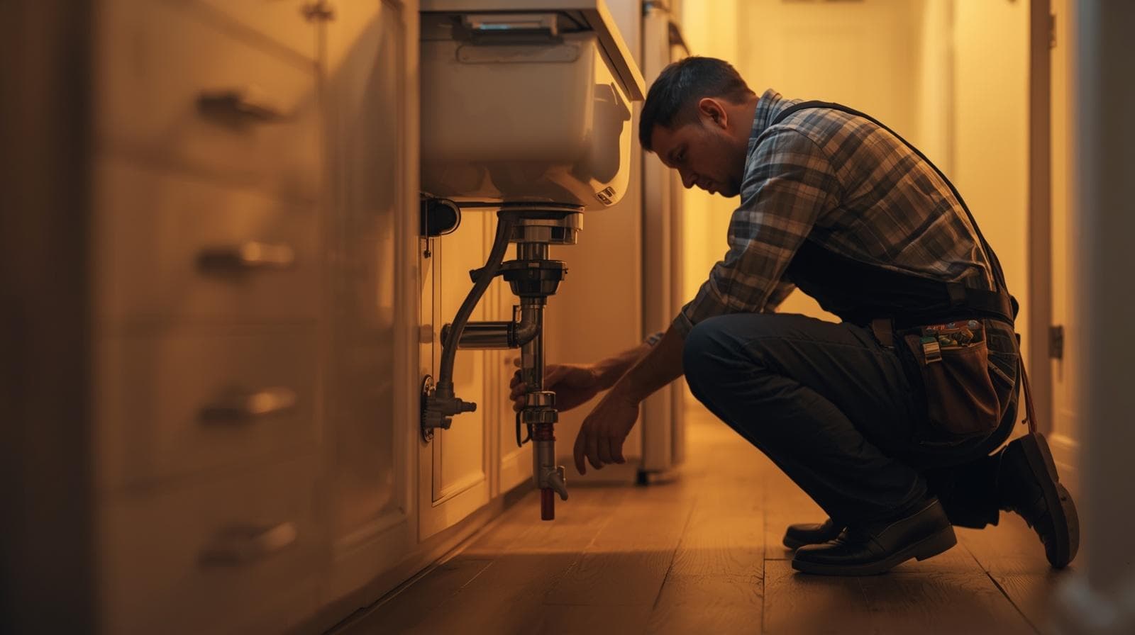 Local plumber fixing pipes under a kitchen sink