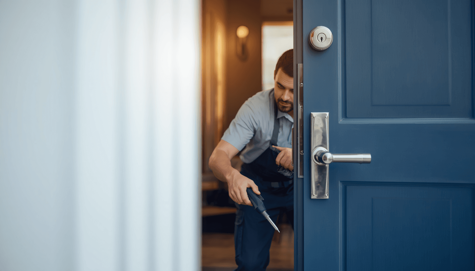 Locksmith rekeying a residential door lock