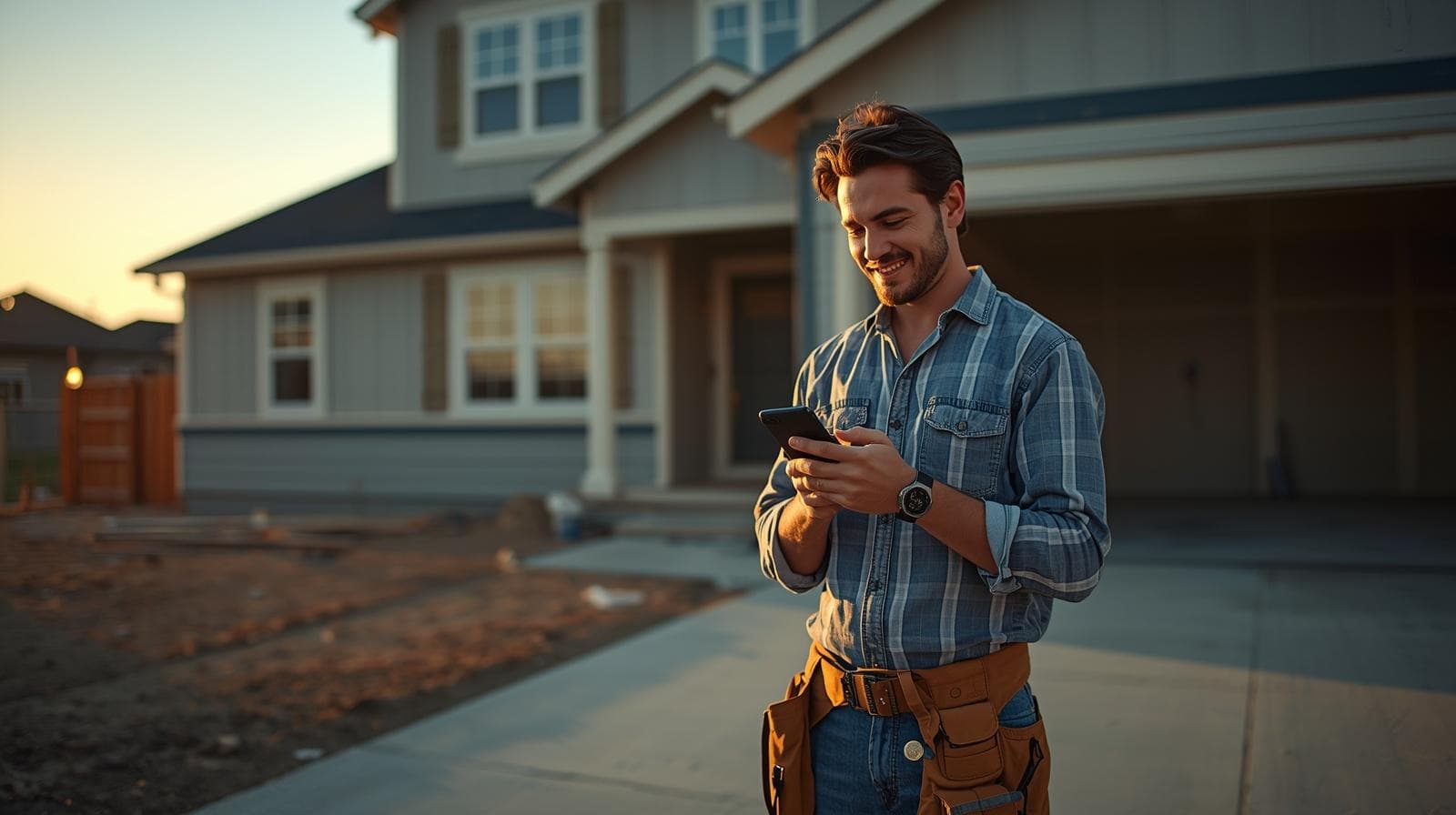 Contractor checking phone on job site