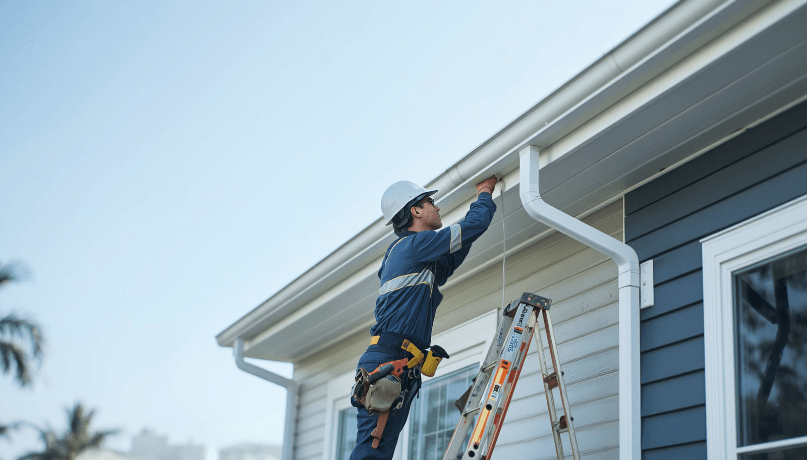 Gutter technician cleaning debris from a roof gutter
