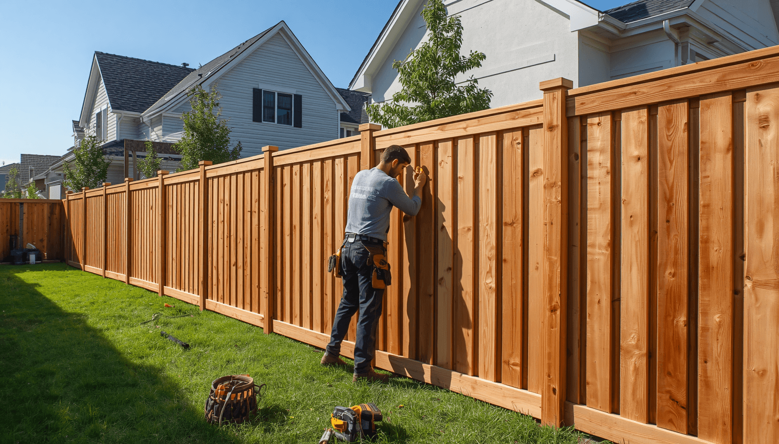 Fence contractor installing a wooden fence panel