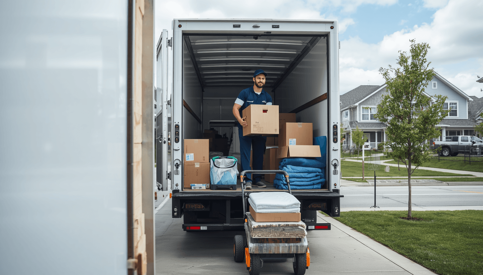 Professional movers carrying boxes into a moving truck