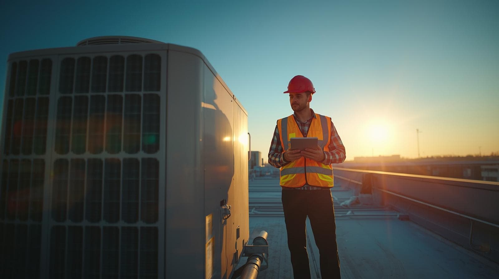 HVAC technician on a rooftop reviewing a job on a tablet beside a large commercial HVAC unit