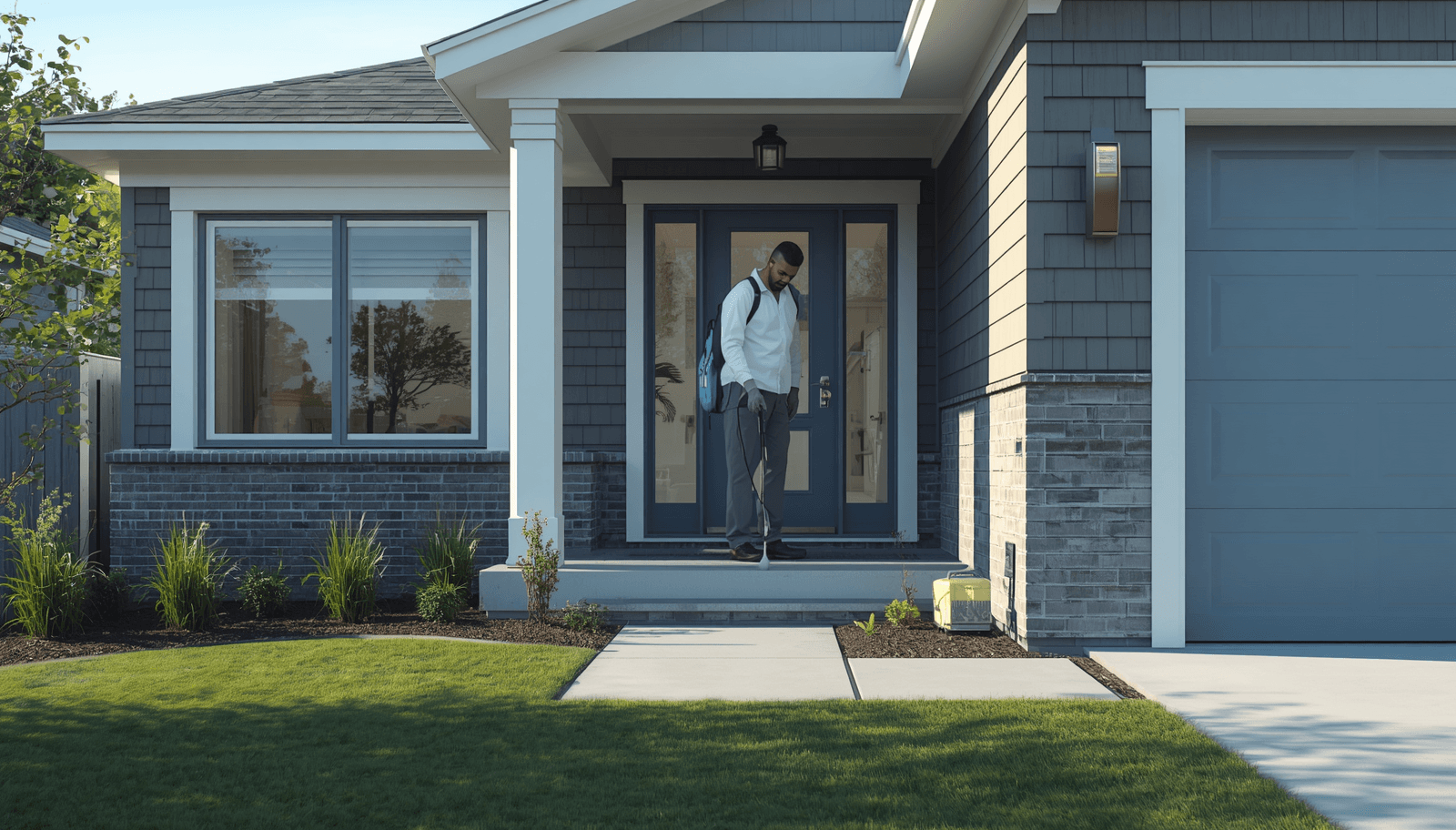 Pest control technician treating a home's exterior