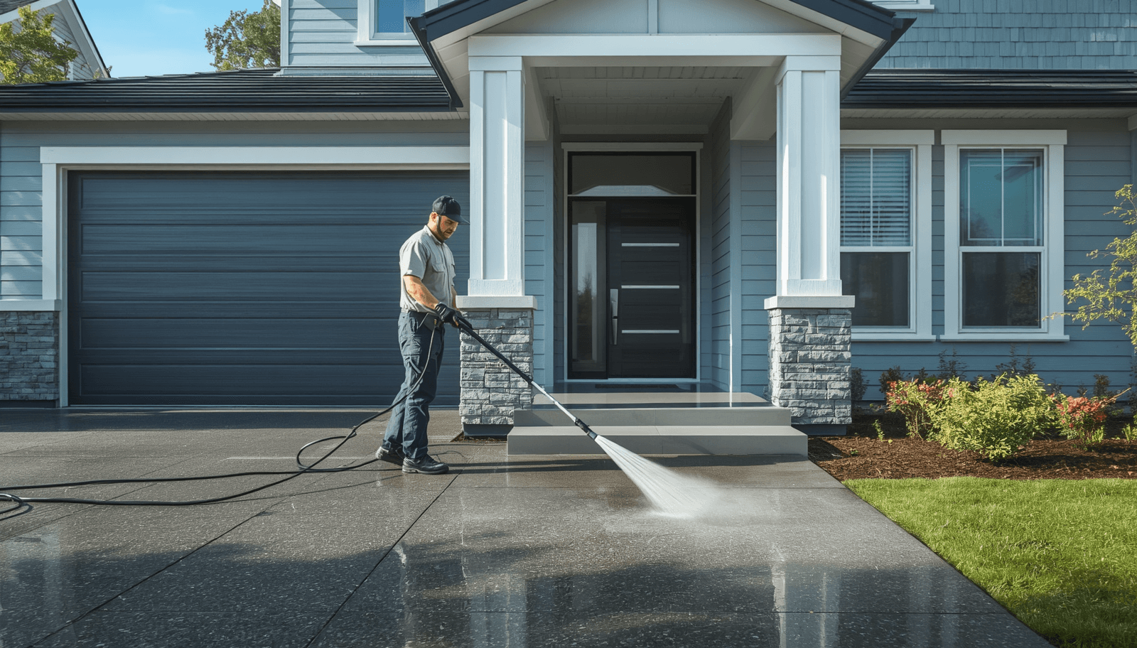 Pressure washing technician cleaning a driveway