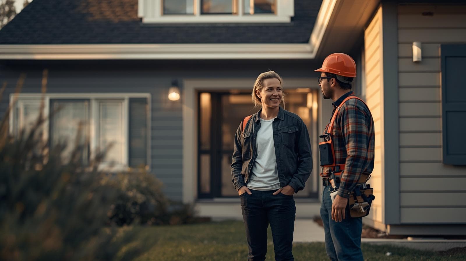 Homeowner talking to a local contractor in front of a house